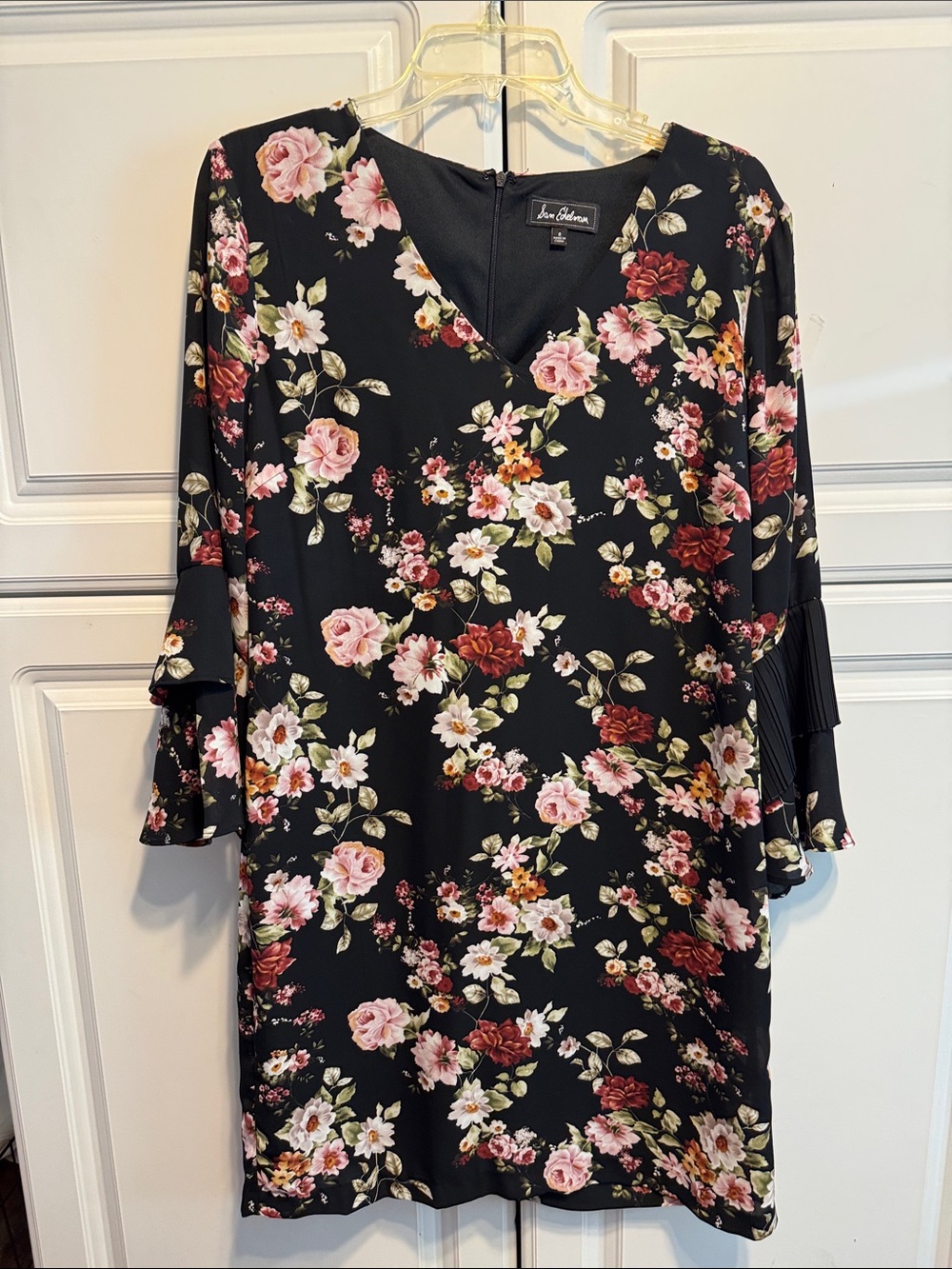 Sam Edelman Black Long-Sleeve Floral Shift Dress with Pink & Red Blooms